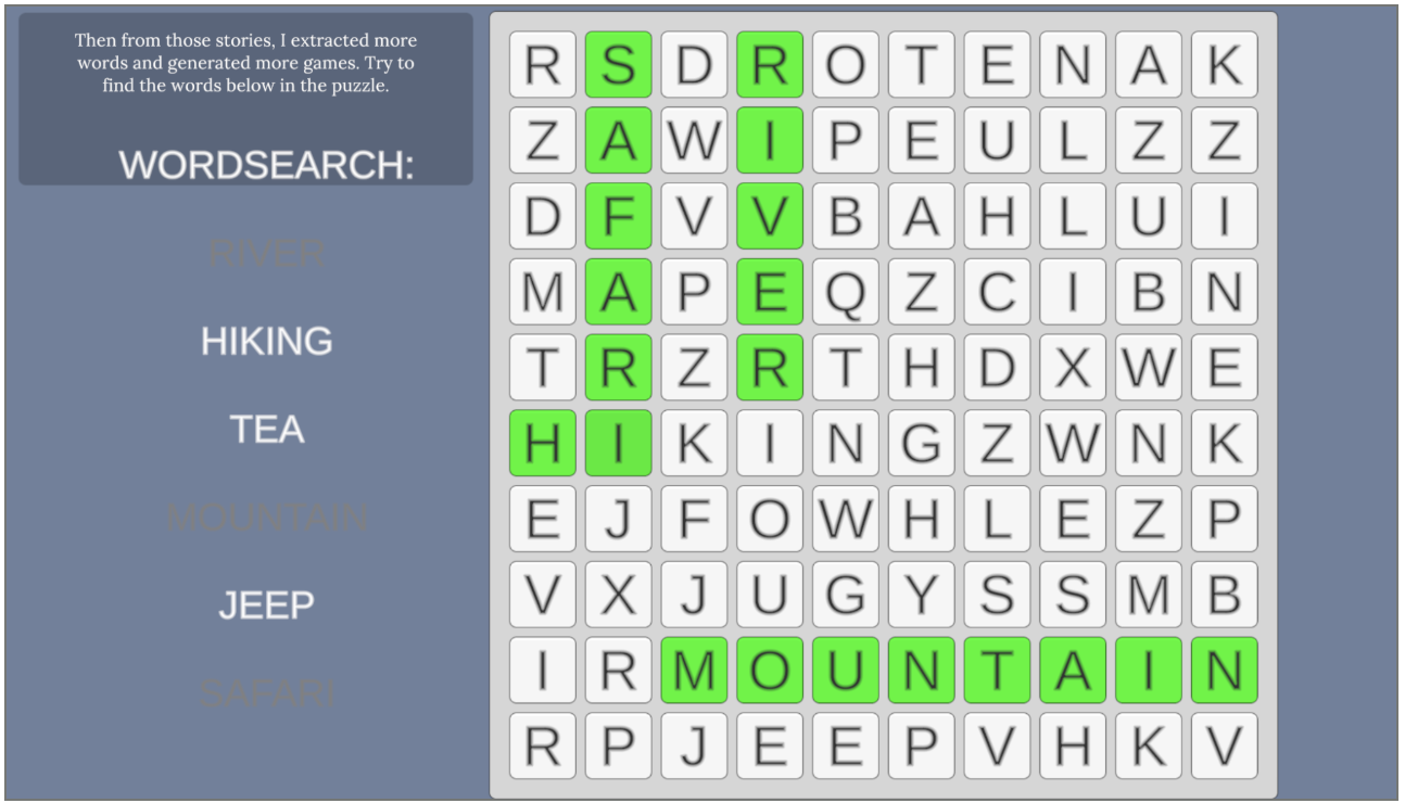 Word search generated from a personal memory